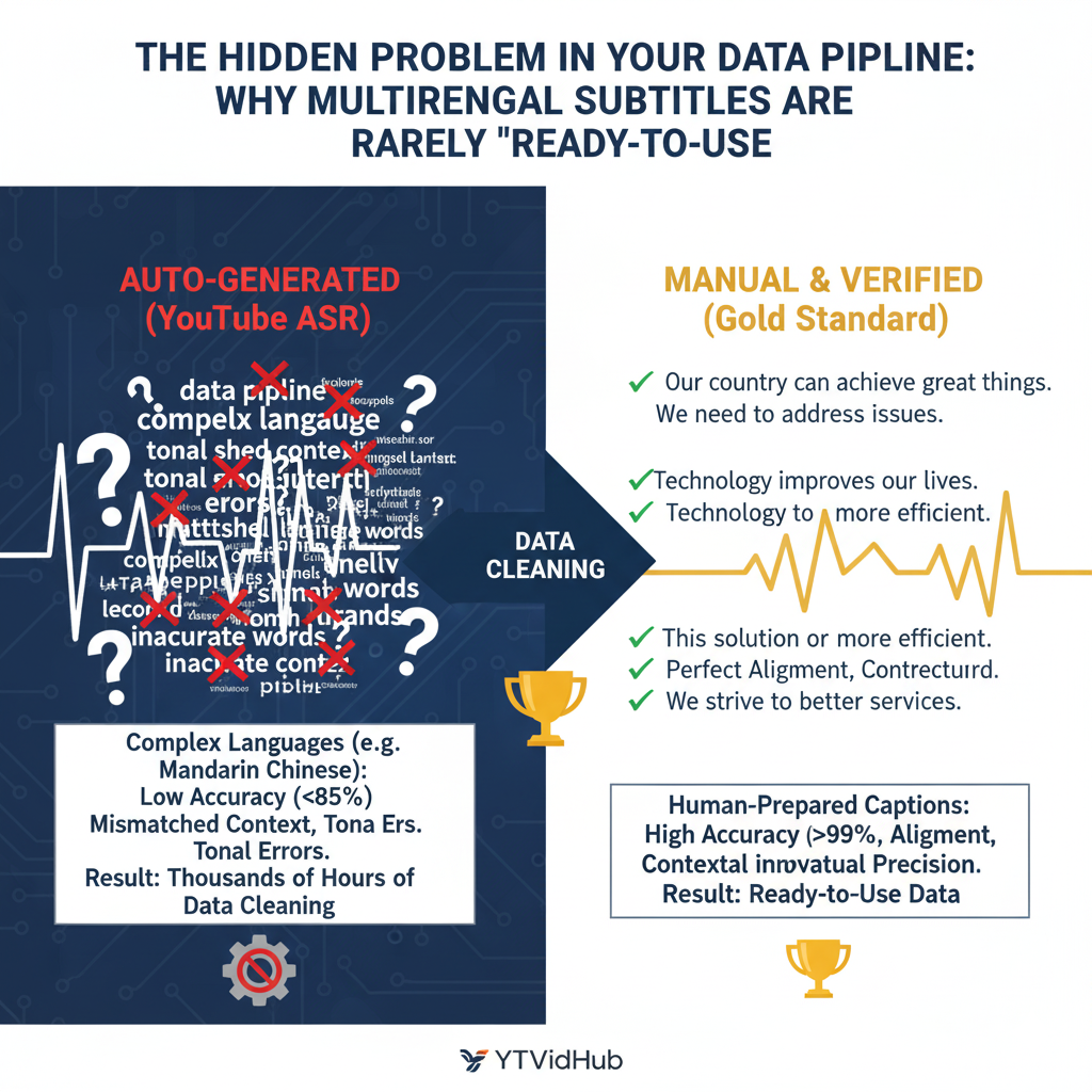 Conceptual diagram illustrating low accuracy in auto-generated subtitles for complex languages like Chinese, compared to clean, manually prepared data.